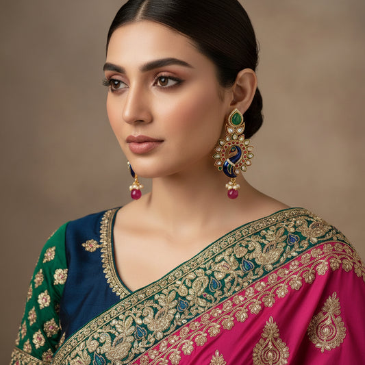 Ornate earrings with gemstones on a dark background, branded 'SAHELI'.