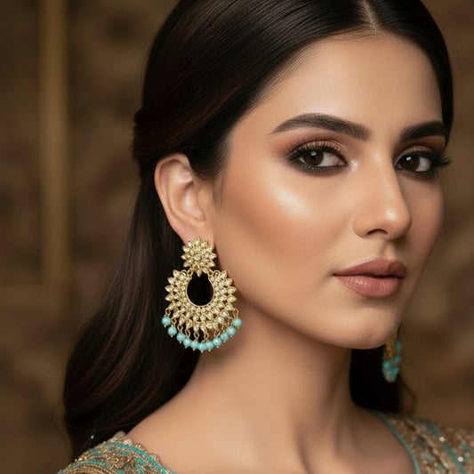 Gold and turquoise earrings with 'SAHELI' branding on a dark background