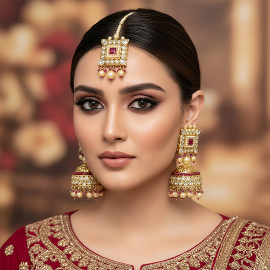 Ornate gold earrings with red stones and pearls on a black background, featuring the brand 'Saheli'.