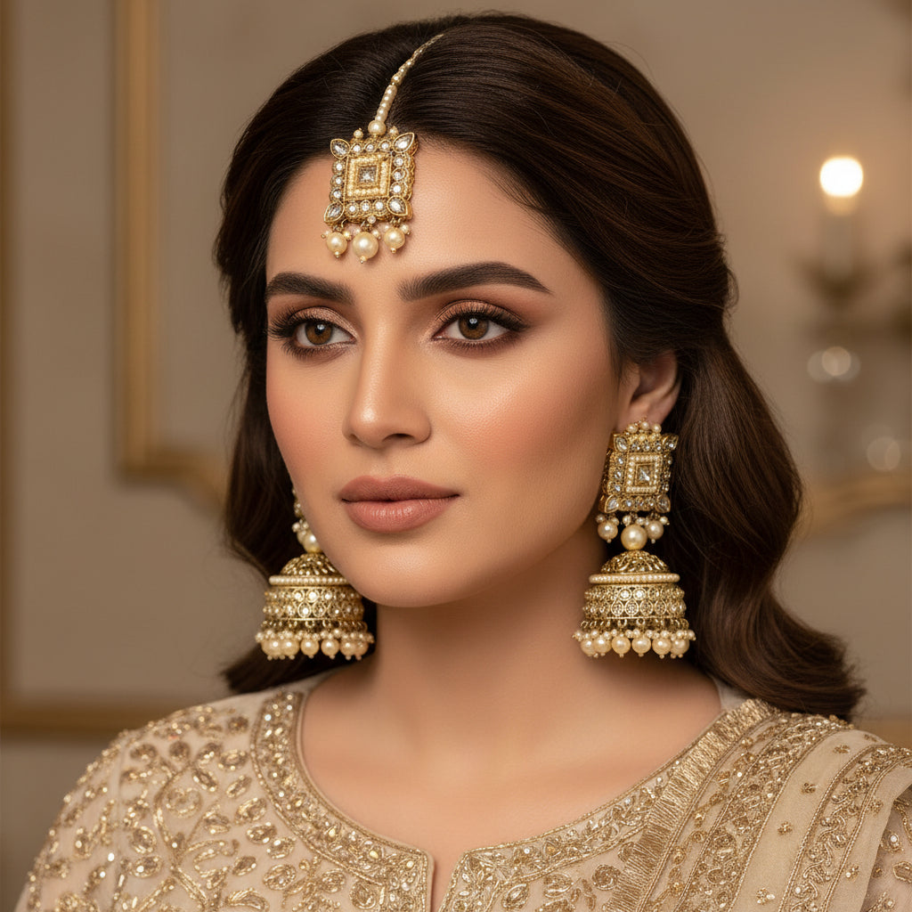 Gold earrings with pearls on a black background, featuring the brand 'Saheli'.