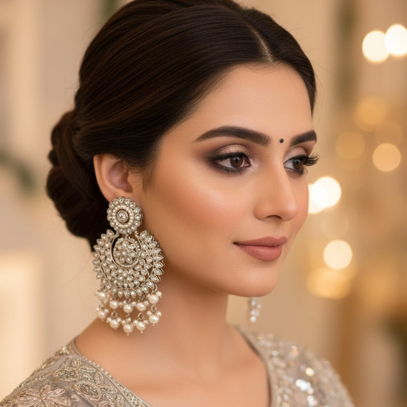 Pair of silver and pearl earrings on a black background