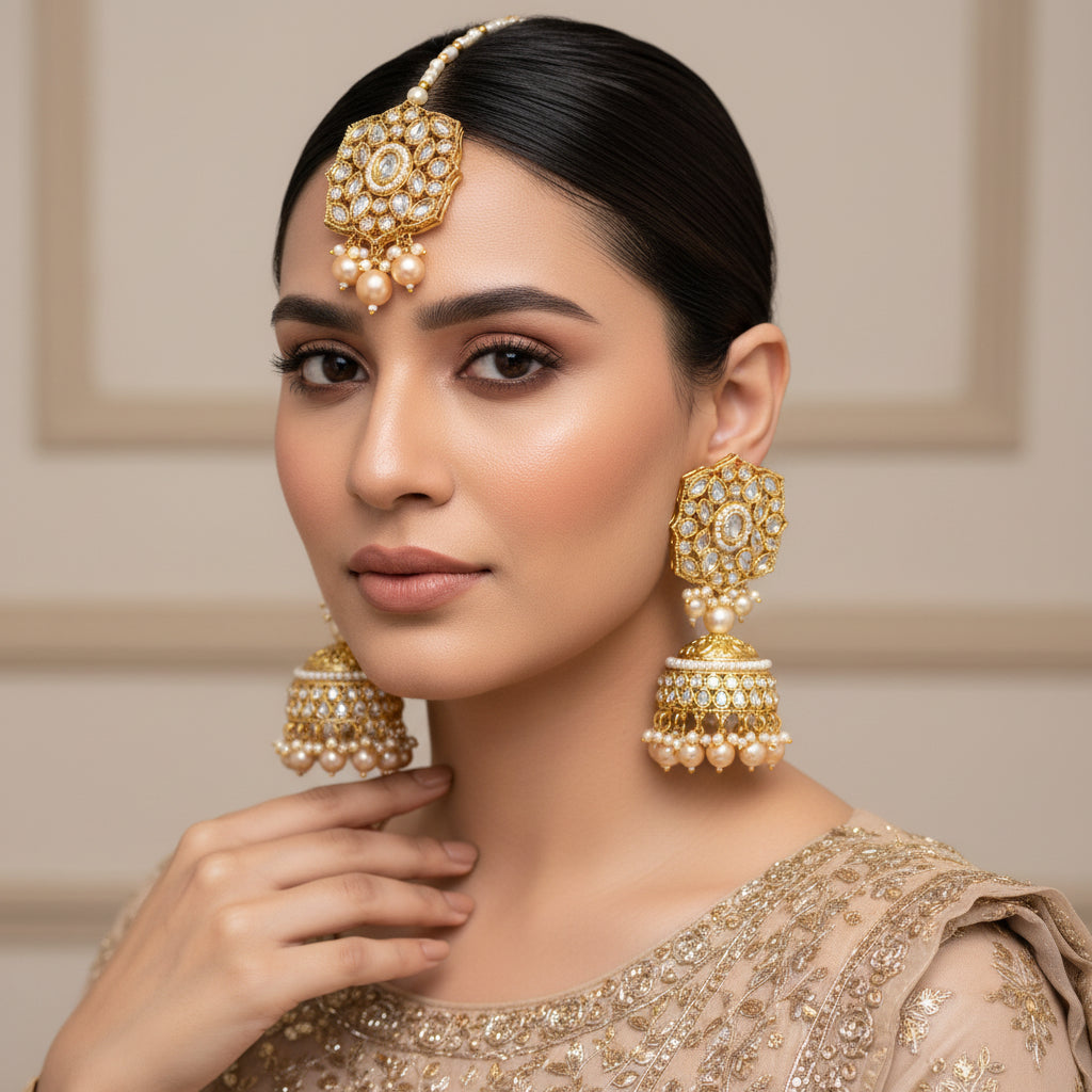 Gold and pearl earrings on a gray background with 'SAHELLI' branding.