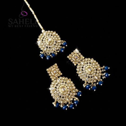 Gold and blue beaded jewelry set on a gray background with 'SAHELI' branding.