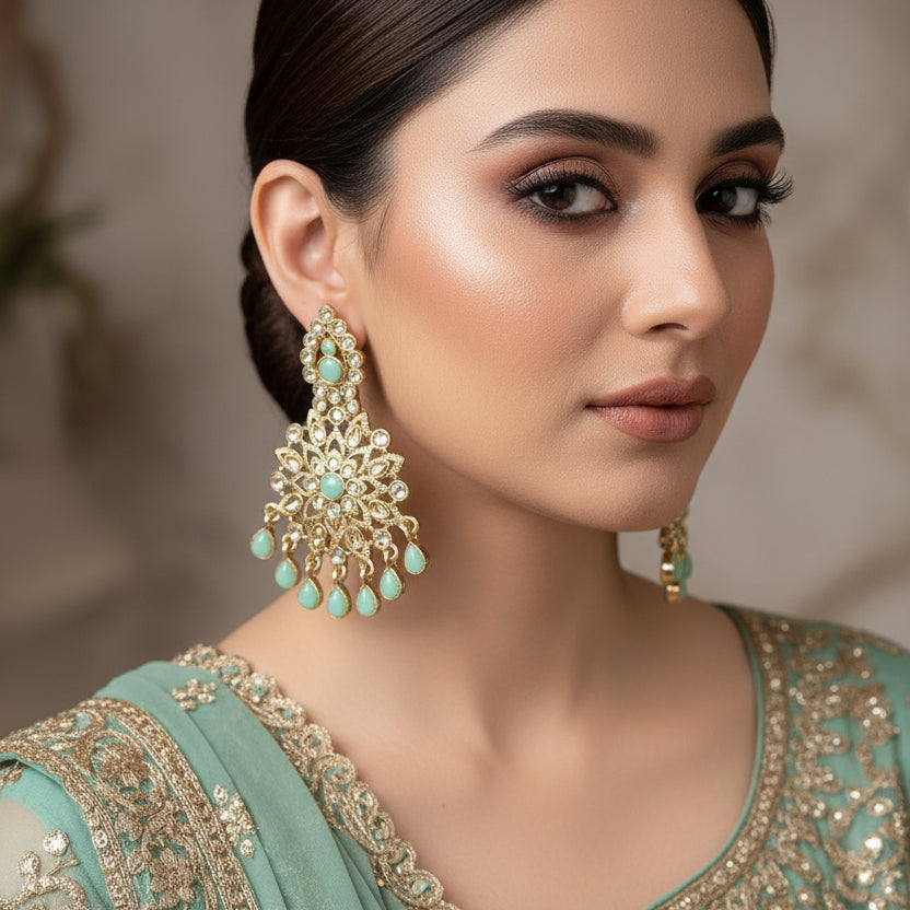Pair of gold and turquoise earrings on a dark background with 'SAHELI' branding.