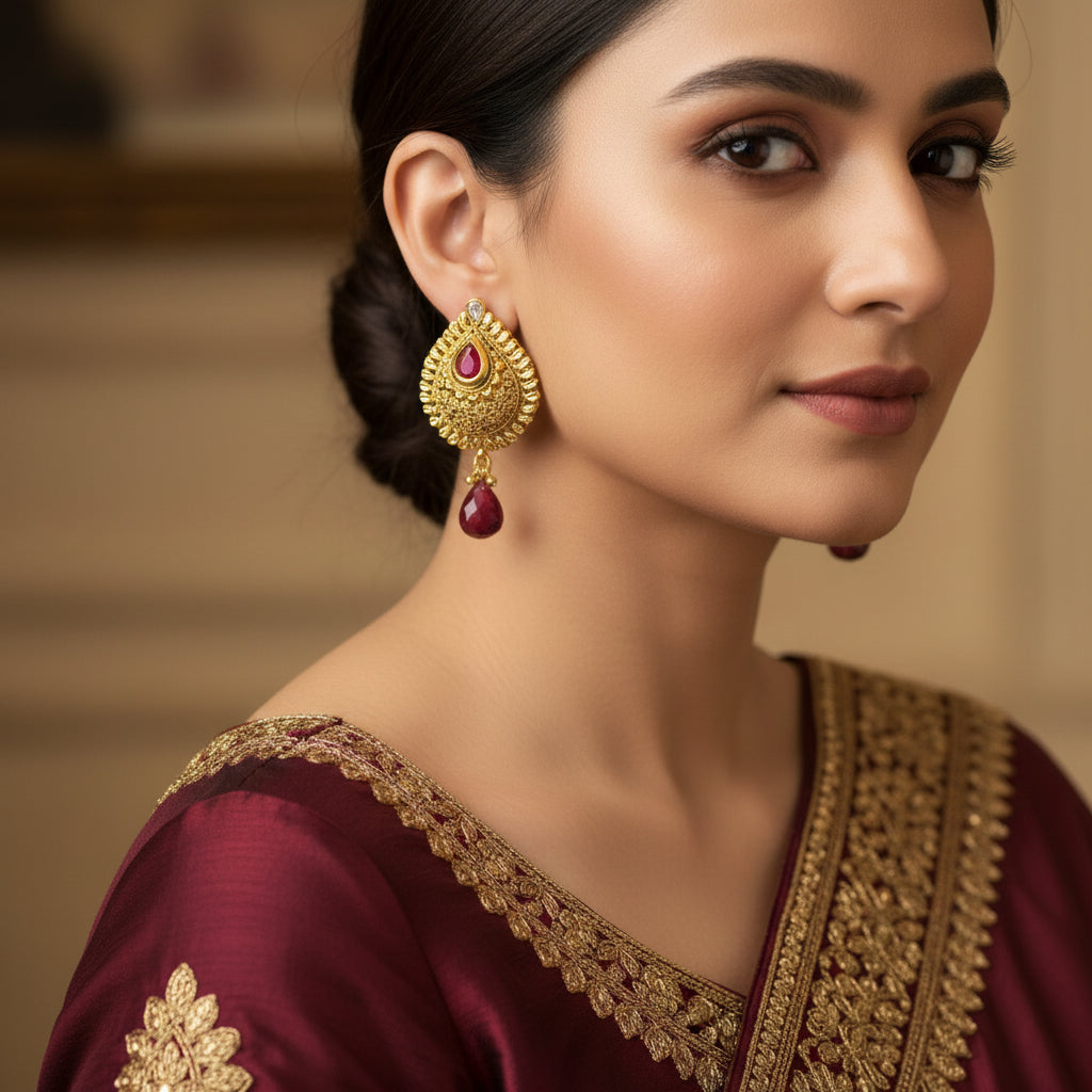 Gold earrings with red gemstones on a dark background, featuring the brand 'Saheli'.