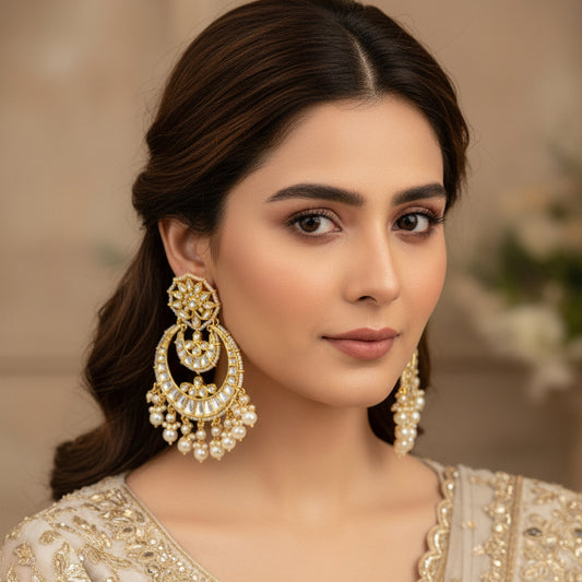 Pair of ornate earrings with gold and pearl details on a dark background