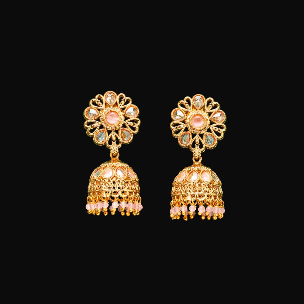 Gold earrings with floral design on a green background