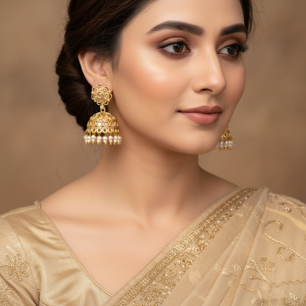 Gold and pearl earrings on a dark background with 'Saheli' branding.