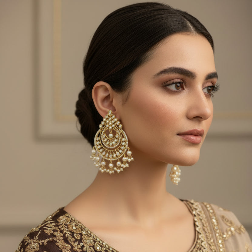 Ornate gold and pearl earrings on a dark background