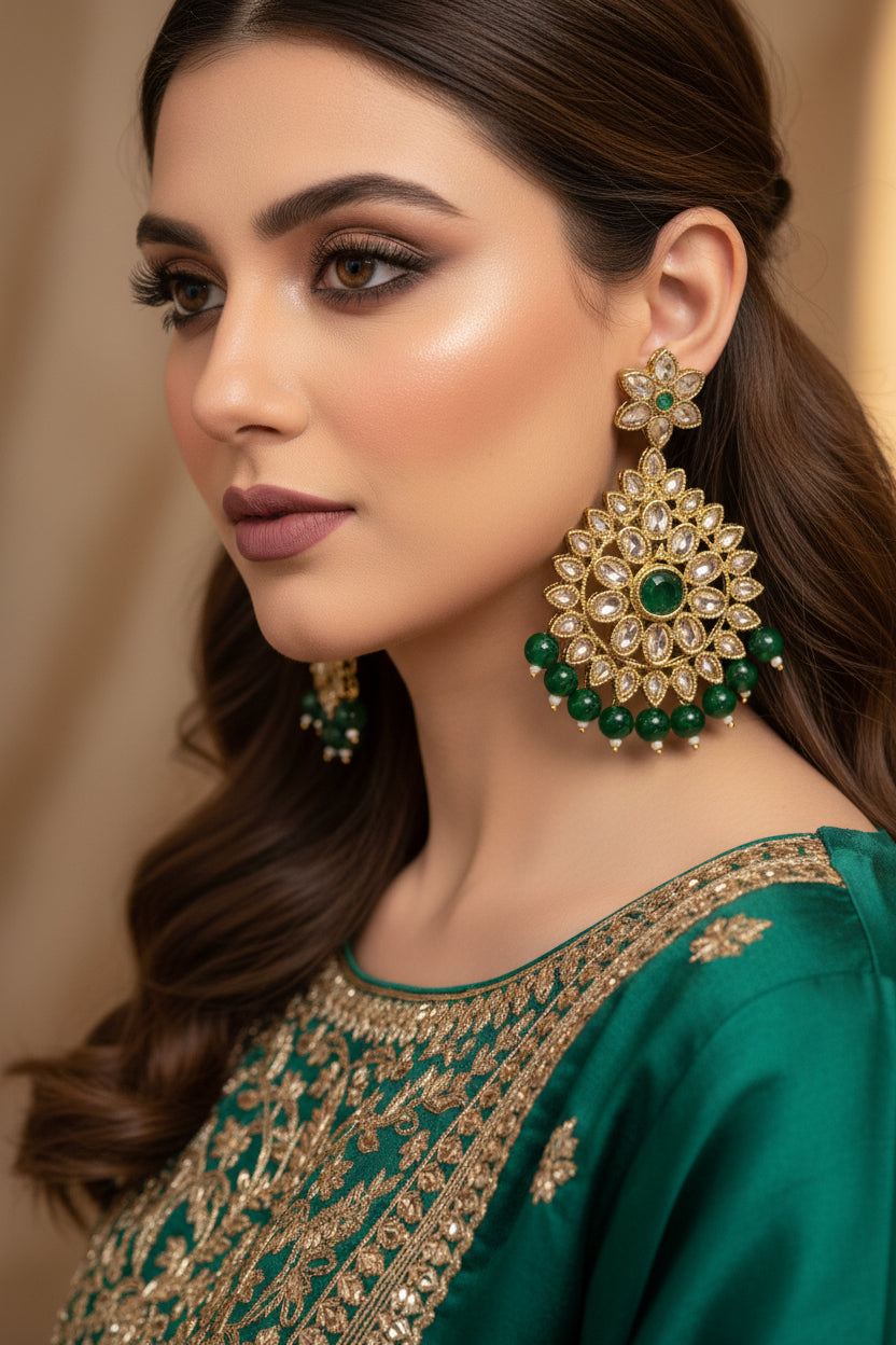 Pair of gold and green earrings on a gray background