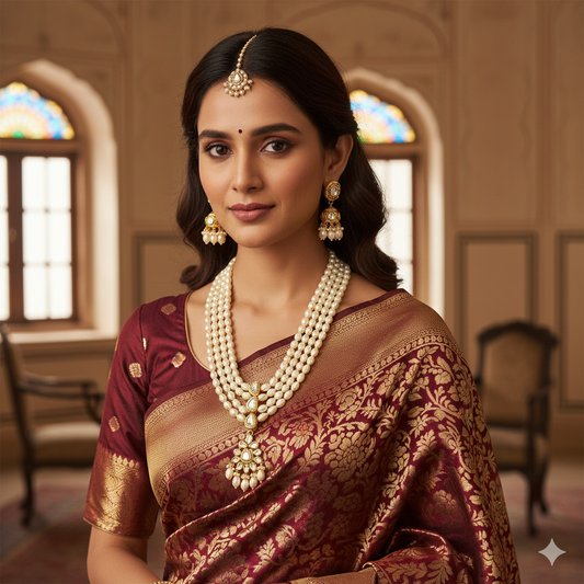 Woman in traditional maroon saree with gold patterns and jewelry in a room with stained glass windows.
