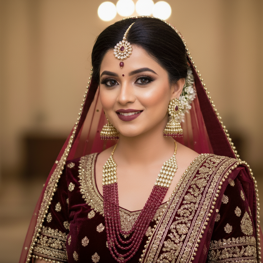 Woman in traditional maroon and gold bridal outfit with jewelry