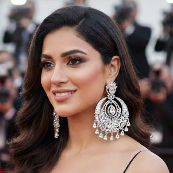Woman in a black dress with large earrings on a red carpet with photographers in the background