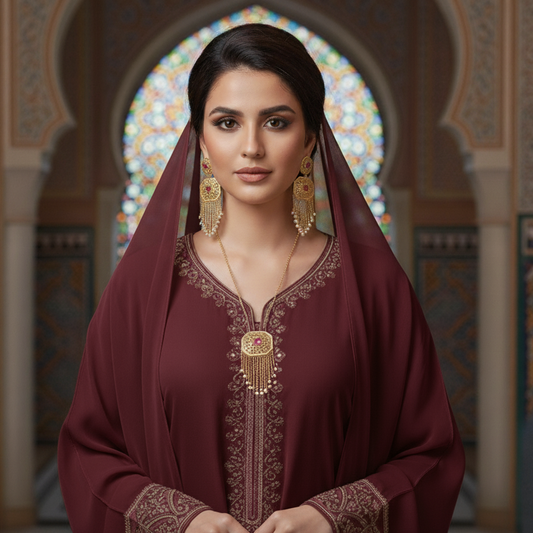 Woman in traditional maroon outfit with intricate patterns in a decorative interior setting