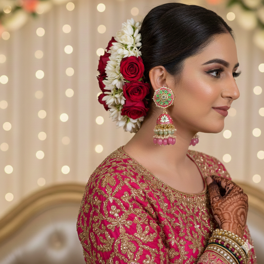 Woman in traditional attire with floral hairpiece and jewelry against a decorated background