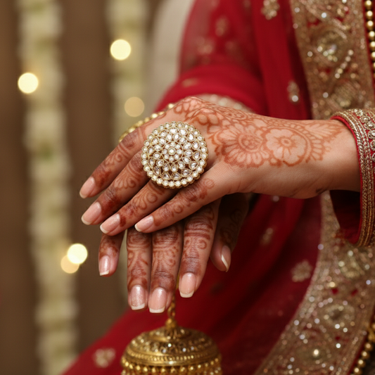 Close-up of hands with intricate henna designs and jewelry, wearing traditional red and gold attire.
