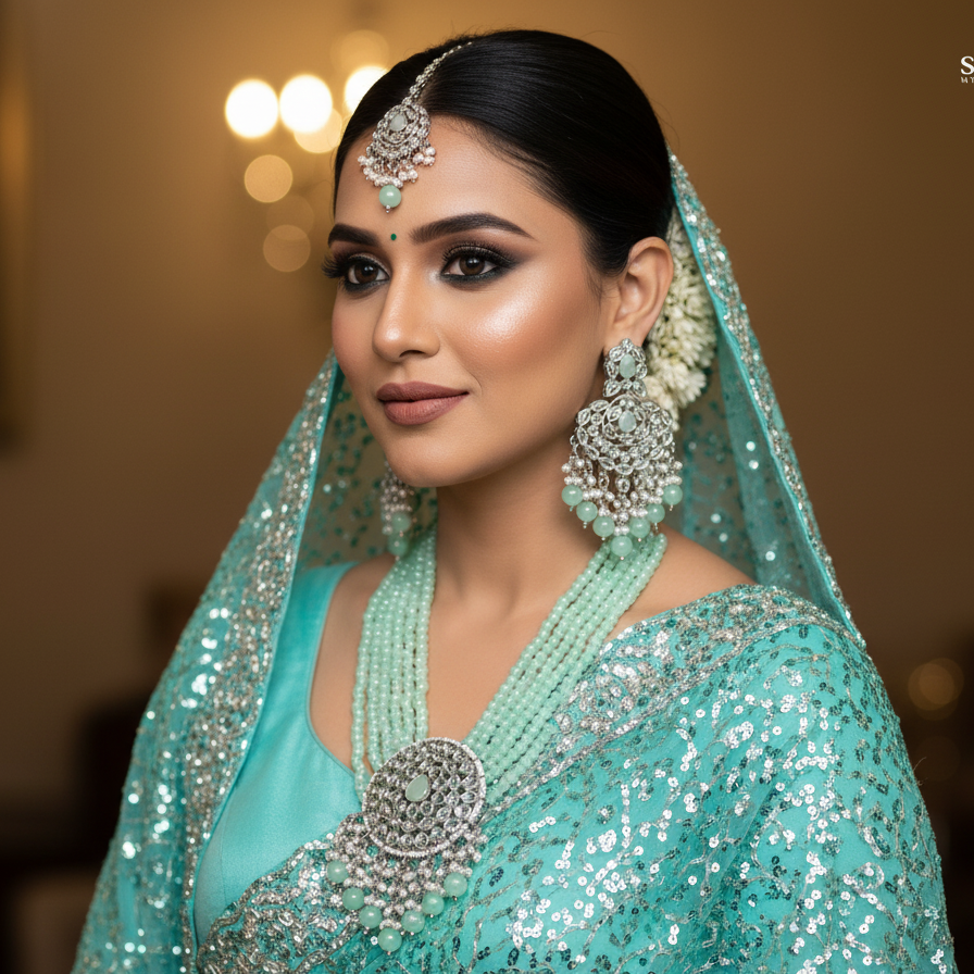 Woman in a traditional turquoise outfit with jewelry, blurred background