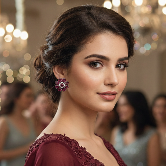 Woman in a burgundy dress with a blurred background of people and lights