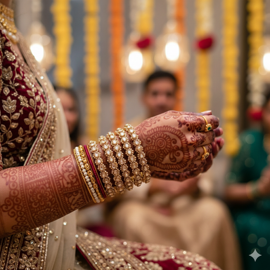 Close-up of a person's hands with jewelry and henna, blurred background with decorative lights.