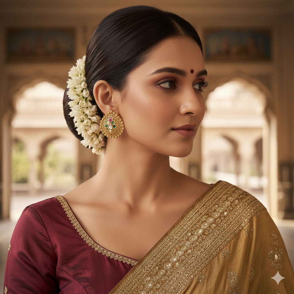 Woman wearing a traditional maroon and gold saree with floral hairpiece indoors.