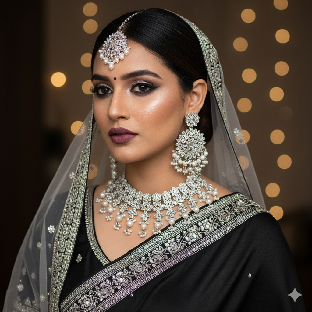 Woman in traditional black saree with silver jewelry against a blurred background