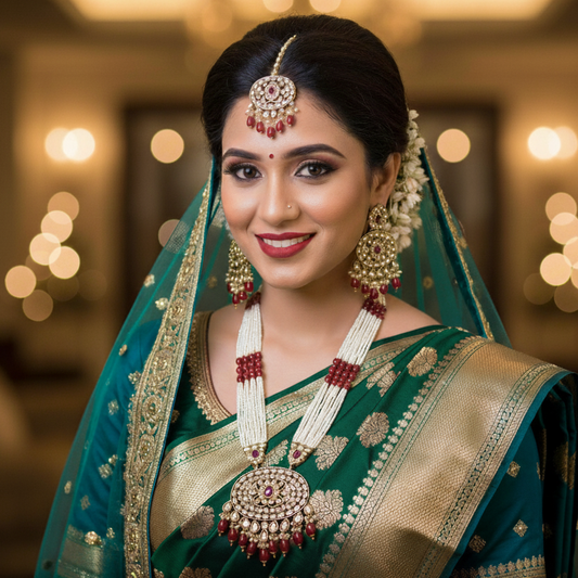 Woman in traditional green and gold saree with jewelry against a blurred indoor background