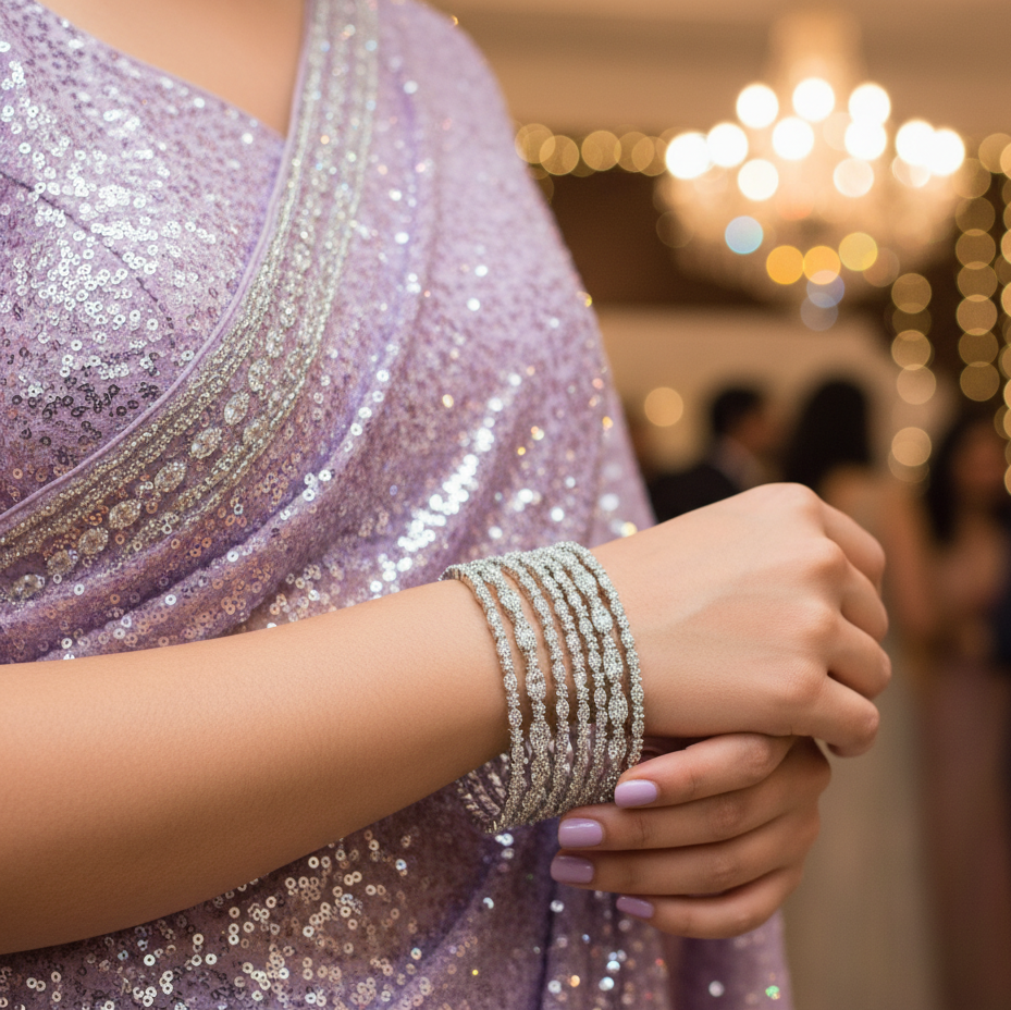 Person wearing a sparkling purple garment with hands clasped, blurred background of people and lights