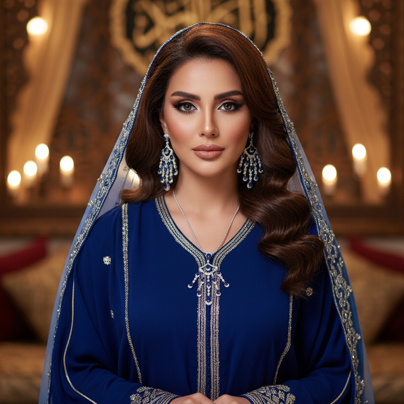 Woman in a blue traditional outfit with a decorative headscarf in a warmly lit room.