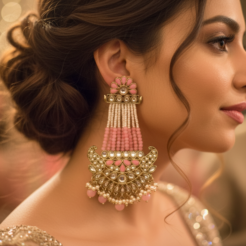 Woman wearing elaborate earrings with a blurred background