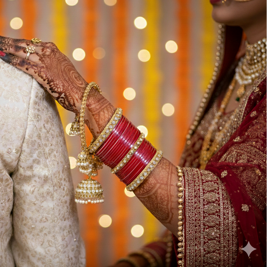 Close-up of a person wearing traditional jewelry with a blurred background of lights.