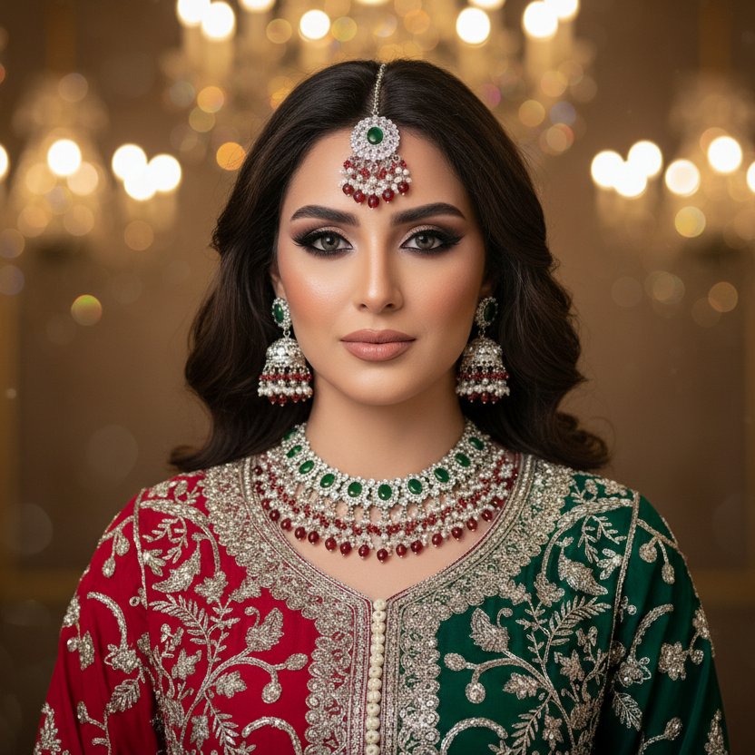 Woman in traditional attire with jewelry against a blurred background