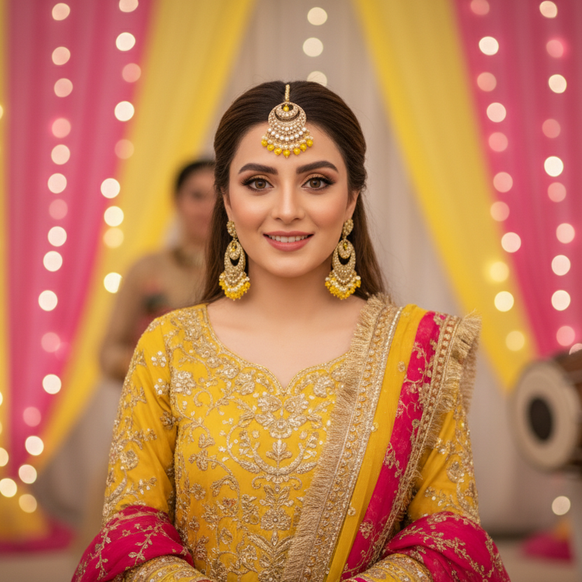 Woman in traditional yellow and pink outfit with jewelry against a festive background