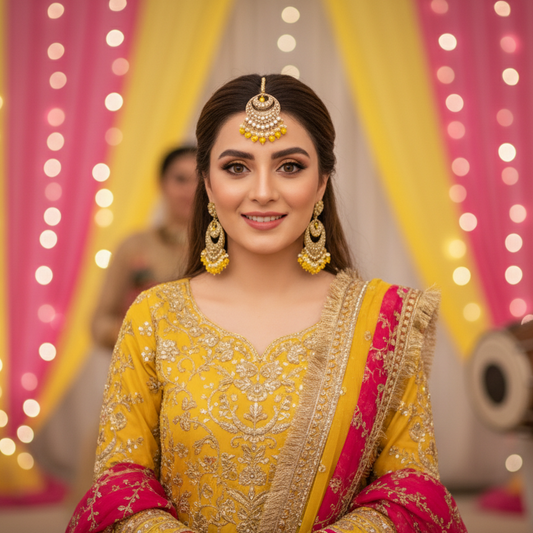 Woman in traditional yellow and pink outfit with jewelry against a festive background