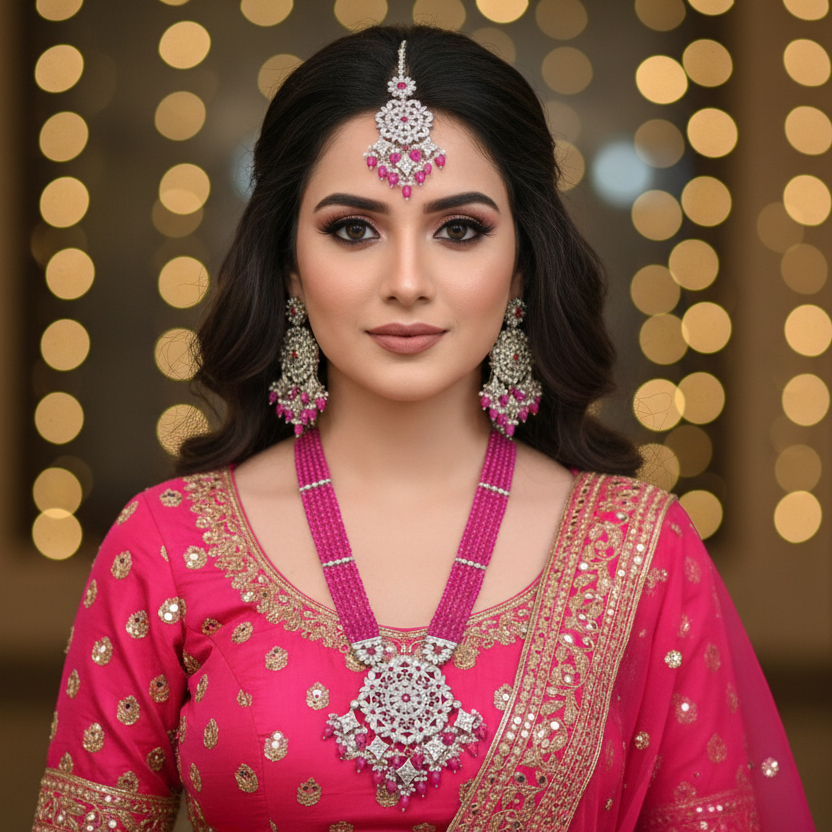 Woman in a pink traditional outfit with jewelry against a blurred light background
