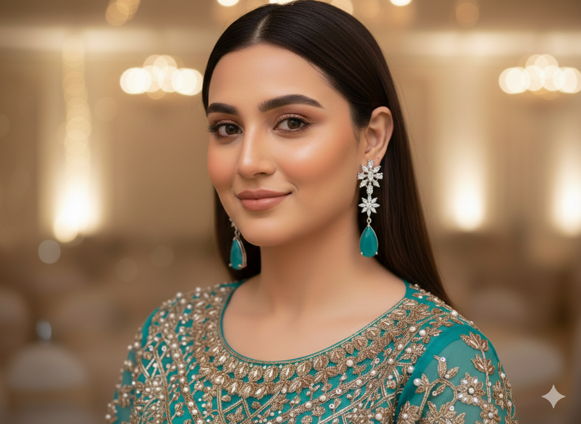 Woman wearing a teal and silver embroidered outfit with matching earrings against a blurred background.