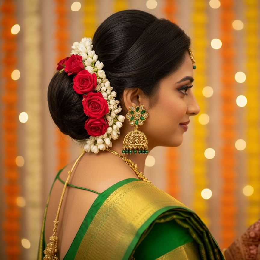 Woman in traditional attire with floral hairpiece and jewelry against a festive background