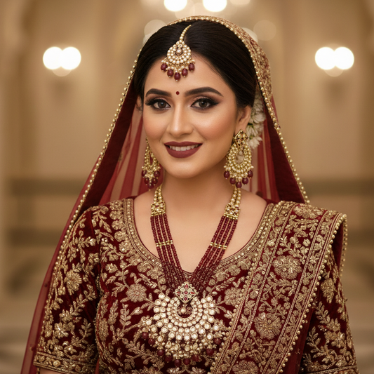 Woman in traditional maroon and gold embroidered outfit with jewelry against a blurred background