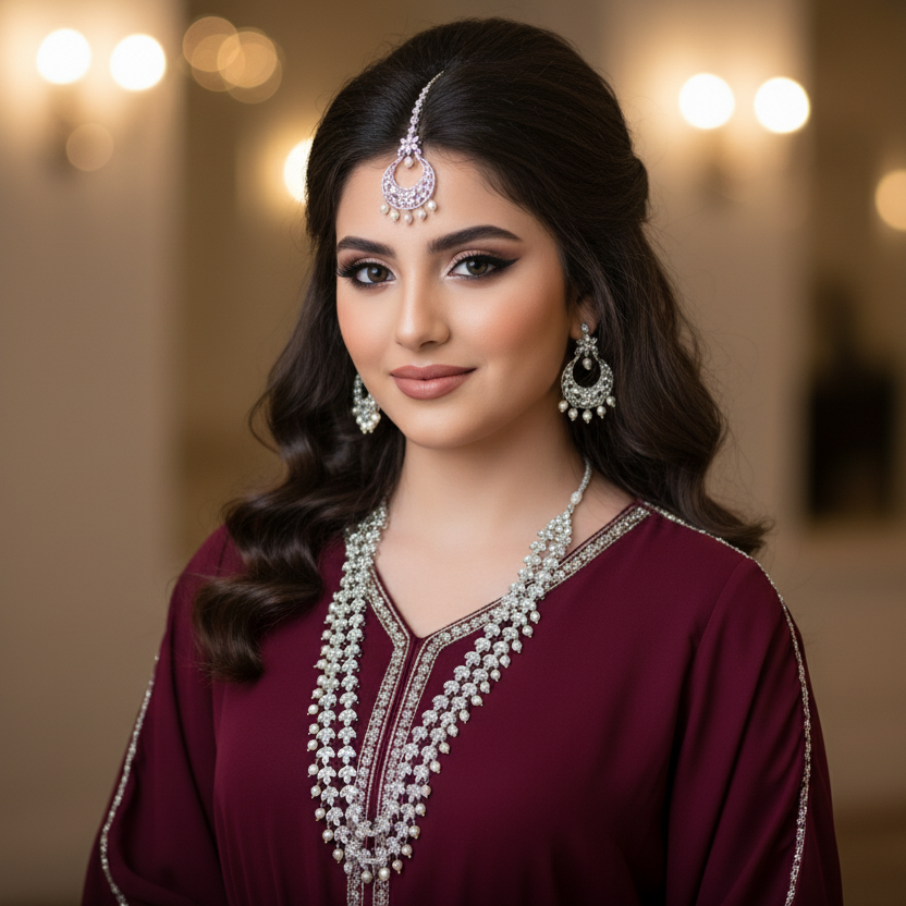 Woman wearing traditional jewelry and a dark red outfit with a blurred background