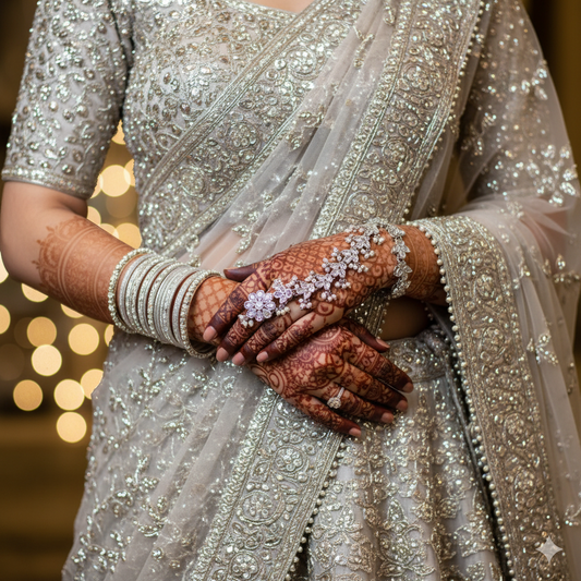 Person wearing a silver saree with intricate henna designs on hands against a blurred background