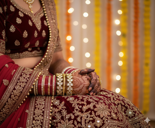Person wearing traditional maroon and gold embroidered saree with blurred lights in the background