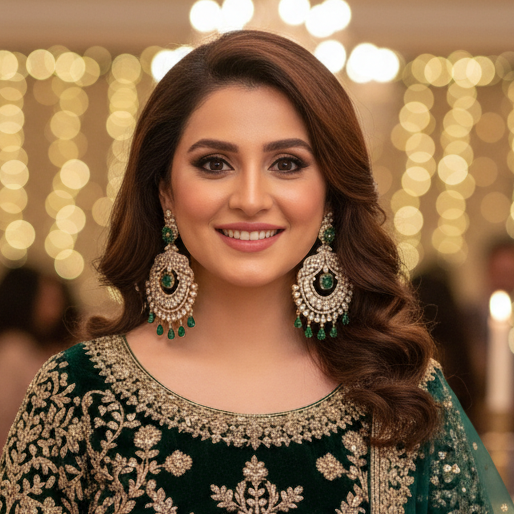 Woman in traditional green and gold outfit with jewelry in a festive indoor setting