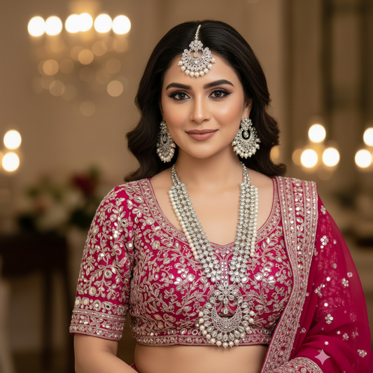 Woman in traditional pink and silver embroidered outfit with jewelry against a blurred background