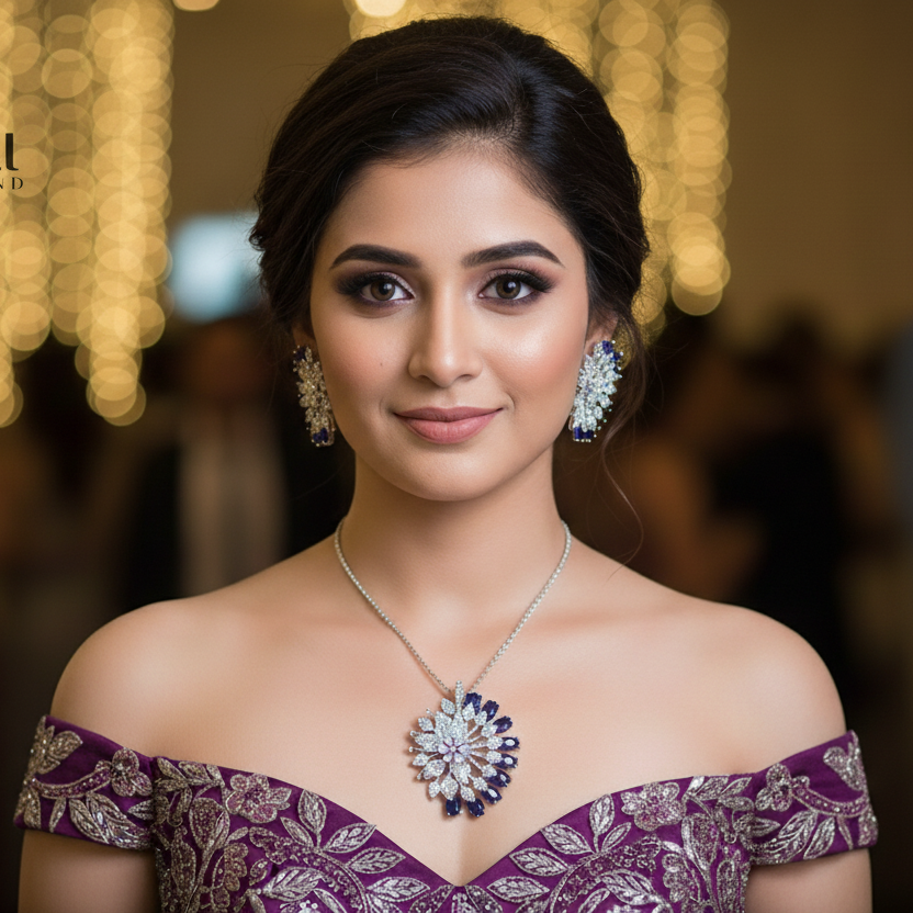 Woman wearing a purple off-shoulder top with jewelry, blurred background
