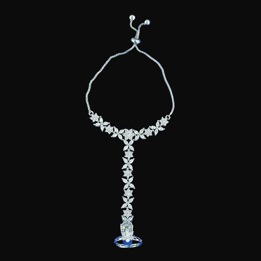 Silver floral necklace on a blue background