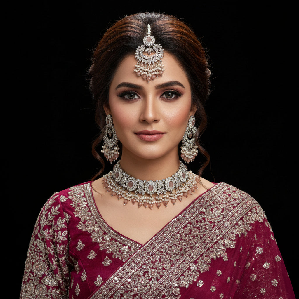 Woman wearing traditional jewelry and a saree on a black background
