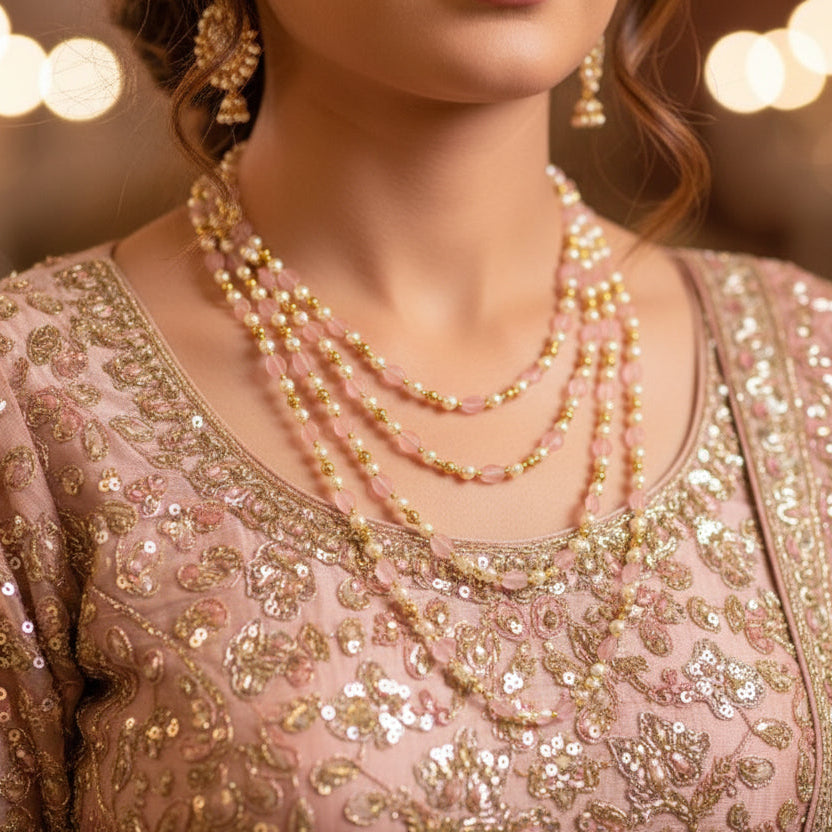 Necklace with pink and gold beads on a dark background
