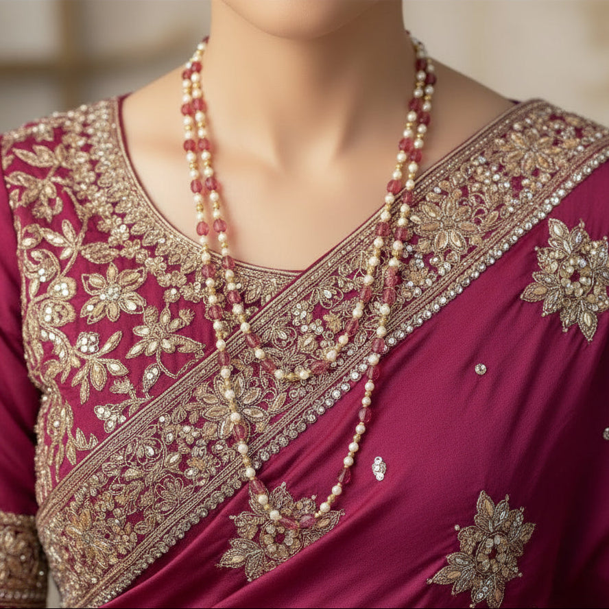 Necklace with red, white, and gold beads on a dark background