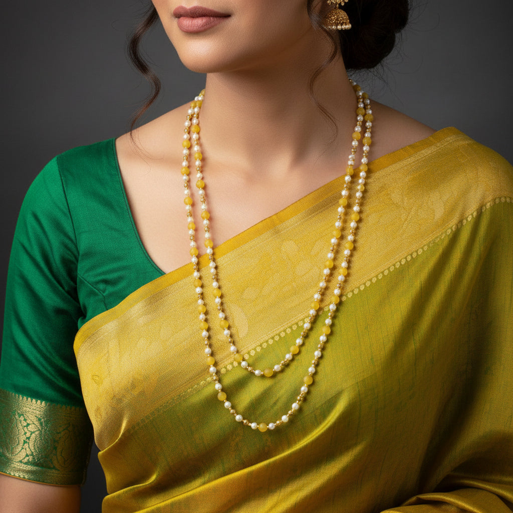 Two beaded necklaces, one yellow and one white, on a dark gray background.
