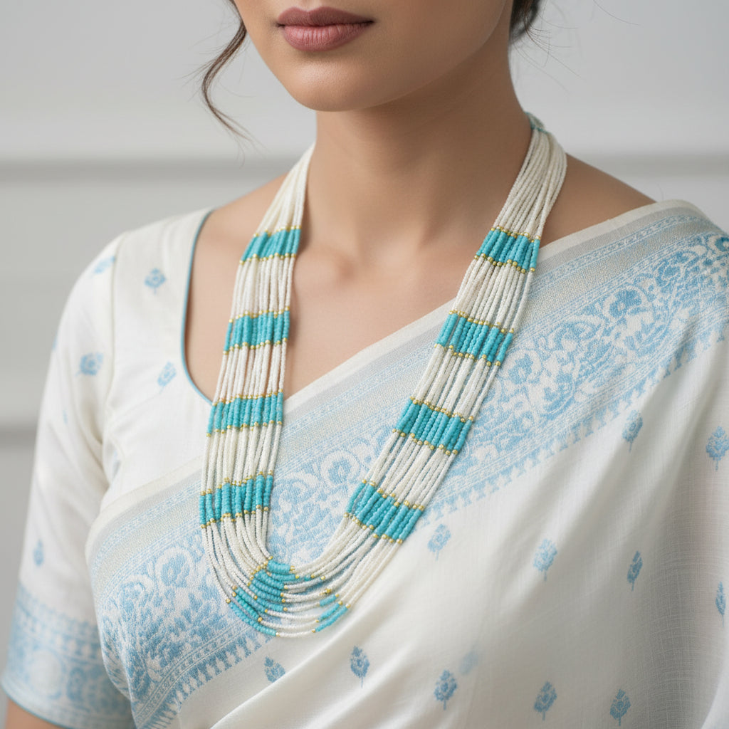 Long necklace with white beads and blue accents on a dark background