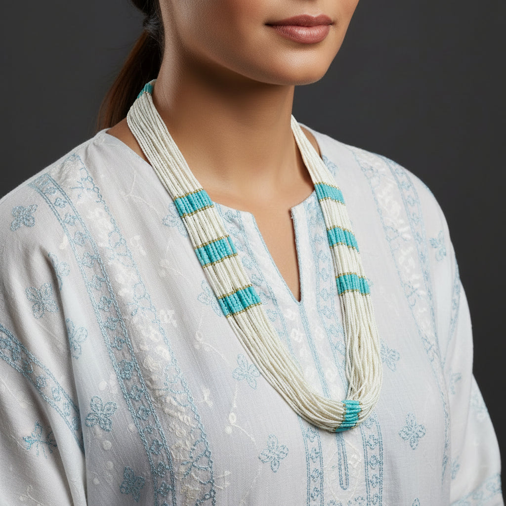 Long necklace with white beads and blue accents on a dark background